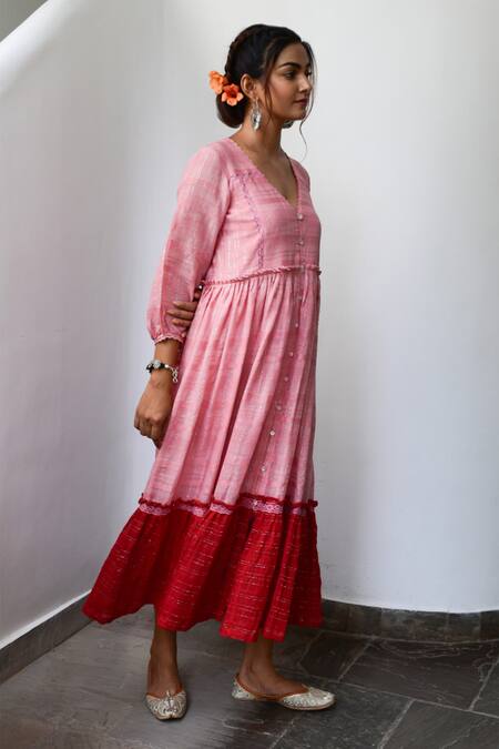 Myaara Pink Cotton Lurex V Neck Striped Handwoven Dress Online at Aza Fashions Myaara_Pink Cotton Lurex V Neck Striped Handwoven Dress _Online_at_Aza_Fashions