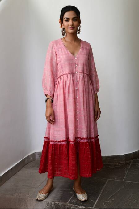 Shop Myaara Pink Cotton Lurex V Neck Striped Handwoven Dress Online at Aza Fashions Shop_Myaara_Pink Cotton Lurex V Neck Striped Handwoven Dress _Online_at_Aza_Fashions