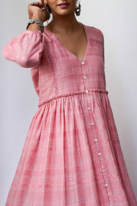 Myaara Pink Cotton Lurex V Neck Striped Handwoven Dress at Aza Fashions Myaara_Pink Cotton Lurex V Neck Striped Handwoven Dress _at_Aza_Fashions