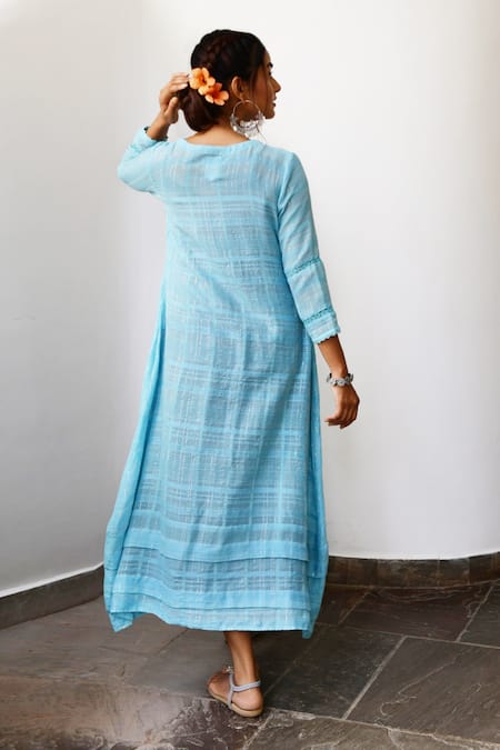 Shop Myaara Blue Cotton Lurex Round Pintuck Handwoven Dress at Aza Fashions Shop_Myaara_Blue Cotton Lurex Round Pintuck Handwoven Dress _at_Aza_Fashions
