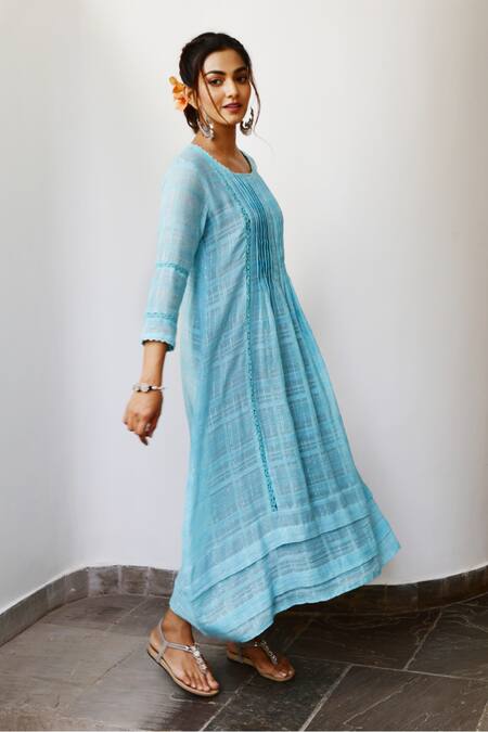 Myaara Blue Cotton Lurex Round Pintuck Handwoven Dress Online at Aza Fashions Myaara_Blue Cotton Lurex Round Pintuck Handwoven Dress _Online_at_Aza_Fashions