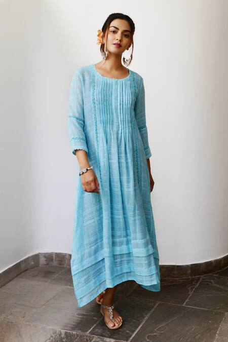 Buy Myaara Blue Cotton Lurex Round Pintuck Handwoven Dress Online at Aza Fashions Buy_Myaara_Blue Cotton Lurex Round Pintuck Handwoven Dress _Online_at_Aza_Fashions