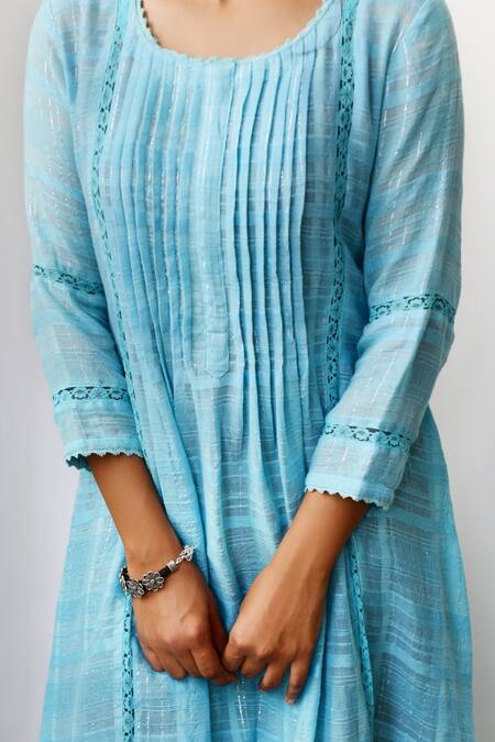 Shop Myaara Blue Cotton Lurex Round Pintuck Handwoven Dress Online at Aza Fashions Shop_Myaara_Blue Cotton Lurex Round Pintuck Handwoven Dress _Online_at_Aza_Fashions