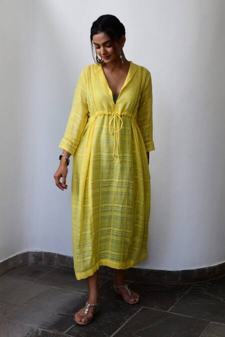 Buy Myaara Yellow Cotton Lurex Flap Collar Handwoven Tie-up Dress Online at Aza Fashions Buy_Myaara_Yellow Cotton Lurex Flap Collar Handwoven Tie-up Dress _Online_at_Aza_Fashions