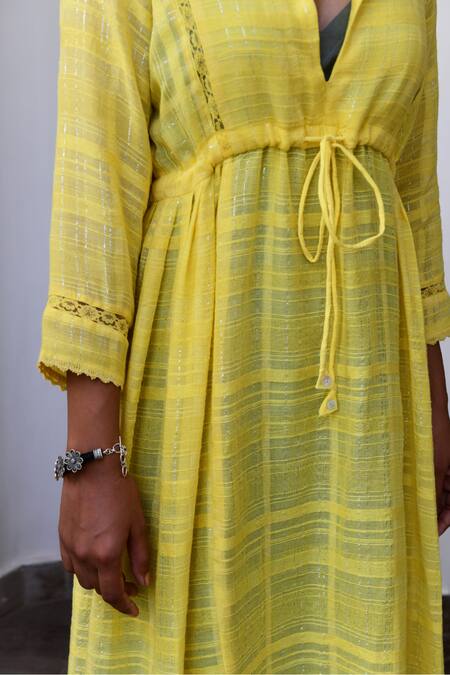 Shop Myaara Yellow Cotton Lurex Flap Collar Handwoven Tie-up Dress Online at Aza Fashions Shop_Myaara_Yellow Cotton Lurex Flap Collar Handwoven Tie-up Dress _Online_at_Aza_Fashions