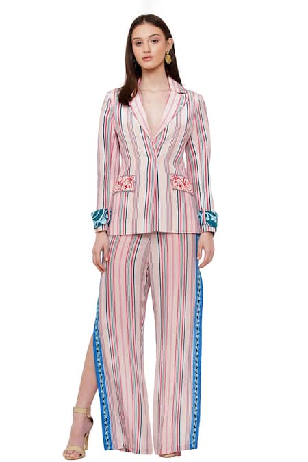 Buy_Limerick By Abirr N' Nanki_Multi Color Crepe Floral, Stripe Notched Lapel Collar Myla Print Jacket_Online_at_Aza_Fashions