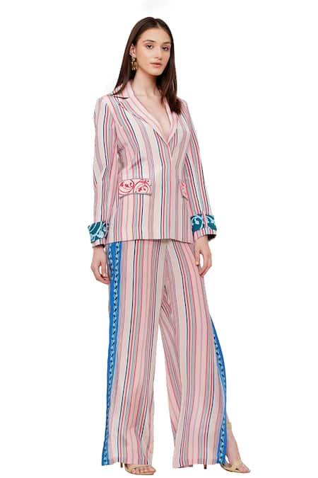 Shop_Limerick By Abirr N' Nanki_Multi Color Crepe Floral, Stripe Notched Lapel Collar Myla Print Jacket_Online_at_Aza_Fashions