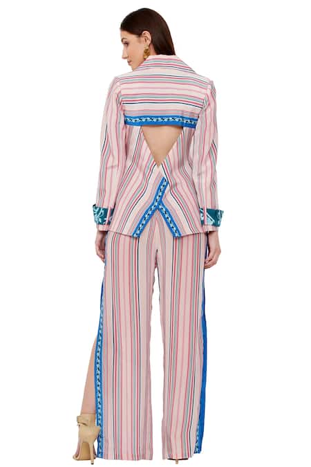 Limerick By Abirr N' Nanki_Multi Color Crepe Floral, Stripe Notched Lapel Collar Myla Print Jacket_at_Aza_Fashions