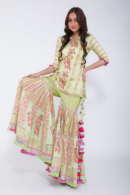 Shop Maayera Jaipur Green Silk Organza, Muslin Satin, Swiss Cotton Embroidered Kurta Sharara Set at Aza Fashions Shop_Maayera Jaipur_Green Silk Organza, Muslin Satin, Swiss Cotton Embroidered Kurta Sharara Set _at_Aza_Fashions