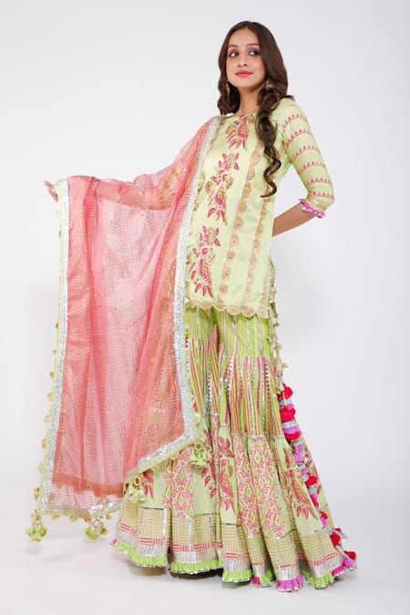 Maayera Jaipur Green Silk Organza, Muslin Satin, Swiss Cotton Embroidered Kurta Sharara Set Online at Aza Fashions Maayera Jaipur_Green Silk Organza, Muslin Satin, Swiss Cotton Embroidered Kurta Sharara Set _Online_at_Aza_Fashions