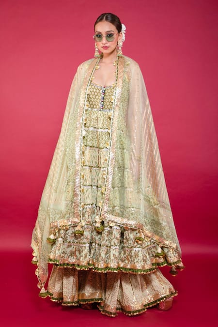 Maayera Jaipur Beige Swiss Cotton And Silk Organza Embroidered Gota Anarkali Set 