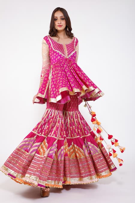 Maayera Jaipur Pink Silk Organza, Muslin Satin, Swiss Cotton Gota Embroidered Kurta Sharara Set Online at Aza Fashions Maayera Jaipur_Pink Silk Organza, Muslin Satin, Swiss Cotton Gota Embroidered Kurta Sharara Set _Online_at_Aza_Fashions