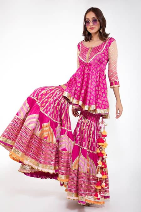 Buy Maayera Jaipur Pink Silk Organza, Muslin Satin, Swiss Cotton Gota Embroidered Kurta Sharara Set Online at Aza Fashions Buy_Maayera Jaipur_Pink Silk Organza, Muslin Satin, Swiss Cotton Gota Embroidered Kurta Sharara Set _Online_at_Aza_Fashions