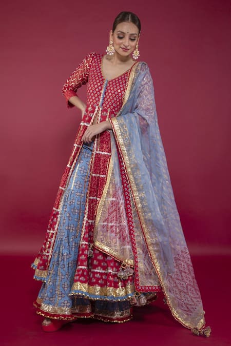 Maayera Jaipur Blue Swiss Cotton And Silk Organza Embroidered Floral Print Anarkali Set  