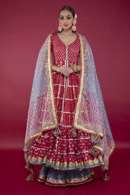 Shop_Maayera Jaipur_Blue Swiss Cotton And Silk Organza Floral, Gota Work Round Print Anarkali Set_at_Aza_Fashions