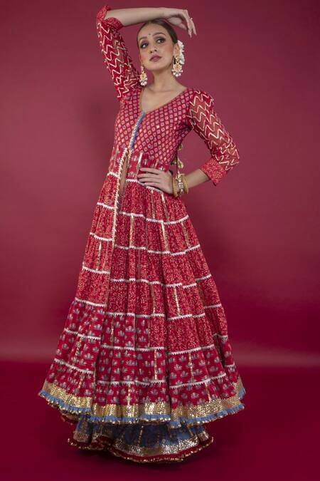 Maayera Jaipur_Blue Swiss Cotton And Silk Organza Floral, Gota Work Round Print Anarkali Set_Online_at_Aza_Fashions