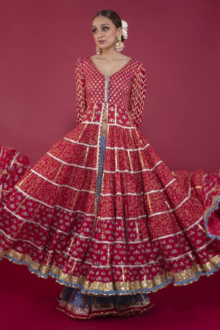 Buy_Maayera Jaipur_Blue Swiss Cotton And Silk Organza Floral, Gota Work Round Print Anarkali Set_Online_at_Aza_Fashions