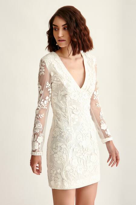 Pankaj & Nidhi White Net Embroidered Floral V Neck Myra Applique Dress Online at Aza Fashions Pankaj & Nidhi_White Net Embroidered Floral V Neck Myra Applique Dress _Online_at_Aza_Fashions