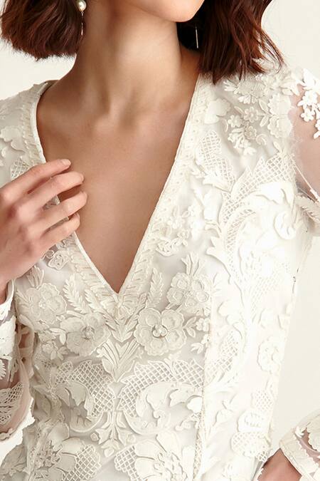 Buy Pankaj & Nidhi White Net Embroidered Floral V Neck Myra Applique Dress Online at Aza Fashions Buy_Pankaj & Nidhi_White Net Embroidered Floral V Neck Myra Applique Dress _Online_at_Aza_Fashions