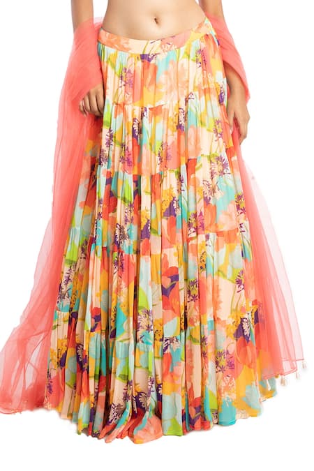 Seams Pret And Couture_Multi Color Georgette Petal Motifs U Neck Print Lehenga Set _Online_at_Aza_Fashions