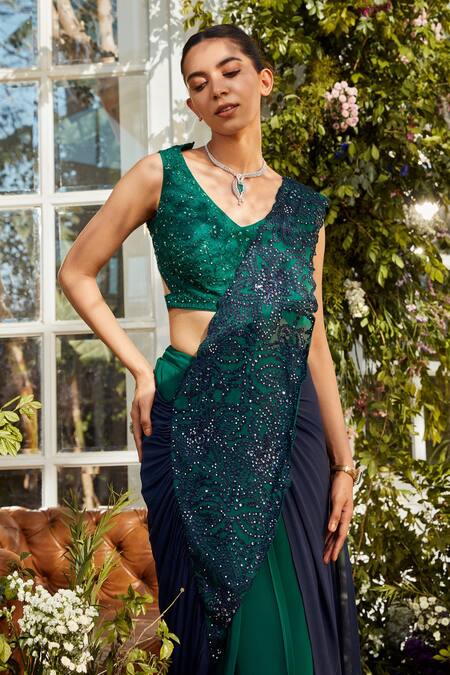 Buy_Rococo_Green Georgette Sequins, Thread Work V Neck Myra Pre-draped Saree With Blouse_Online_at_Aza_Fashions