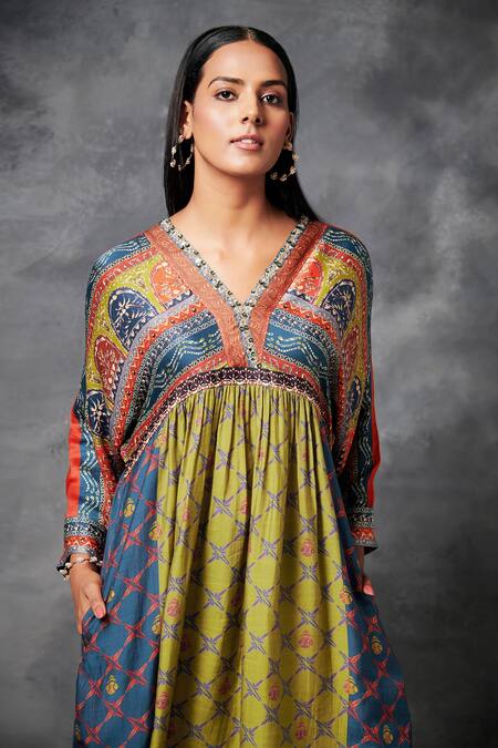 Buy Saundh Green Cotton Muslin Printed Striped V Neck Mizo Dress Online at Aza Fashions Buy_Saundh_Green Cotton Muslin Printed Striped V Neck Mizo Dress_Online_at_Aza_Fashions