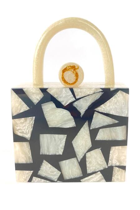 Oceana Clutches_Black Zebra Textured Handbag With U-shaped Handle_Online_at_Aza_Fashions