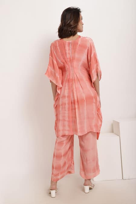 Shop_Ranng Label_Orange Natural Crepe Tie-dye V Neck Woven Tunic And Palazzo Set _at_Aza_Fashions