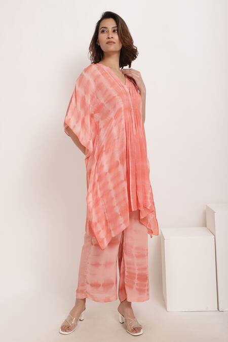 Ranng Label_Orange Natural Crepe Tie-dye V Neck Woven Tunic And Palazzo Set _Online_at_Aza_Fashions