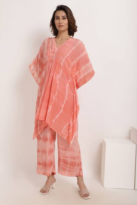 Buy_Ranng Label_Orange Natural Crepe Tie-dye V Neck Woven Tunic And Palazzo Set _Online_at_Aza_Fashions