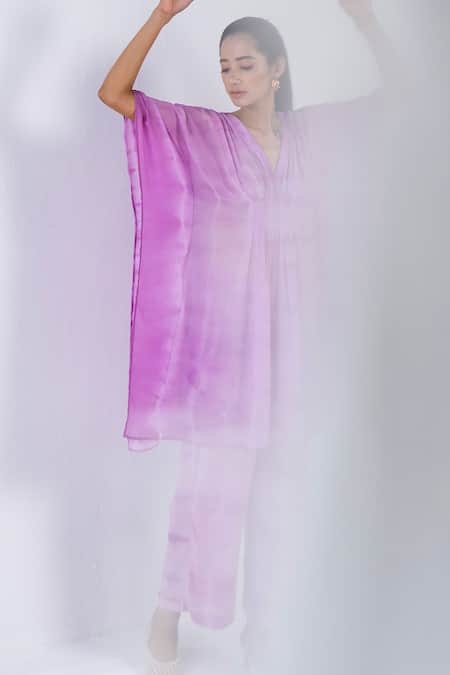 Ranng Label_Purple Natural Crepe Tie-dye V Neck Woven Tunic And Palazzo Set _Online_at_Aza_Fashions