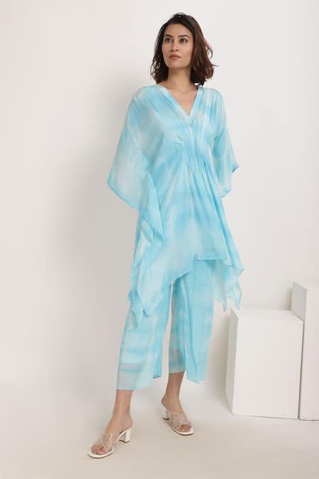 Shop_Ranng Label_Blue Natural Crepe Tie-dye V Neck Woven Tunic And Palazzo Set _at_Aza_Fashions