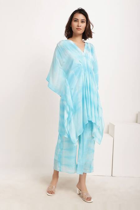 Ranng Label Blue Natural Crepe Tie-dye V Neck Woven Tunic And Palazzo Set Online at Aza Fashions Ranng Label_Blue Natural Crepe Tie-dye V Neck Woven Tunic And Palazzo Set _Online_at_Aza_Fashions