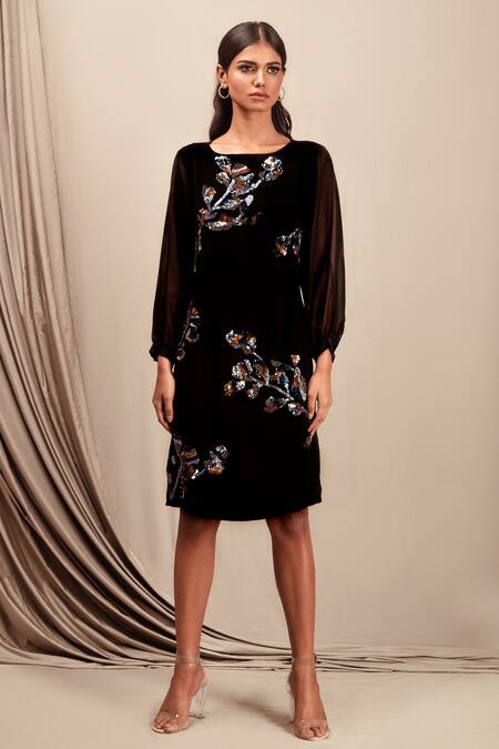 Nayantara Couture_Black 100% Silk Round Embroidered Dress _Online_at_Aza_Fashions