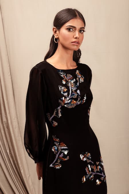 Buy_Nayantara Couture_Black 100% Silk Round Embroidered Dress _Online_at_Aza_Fashions