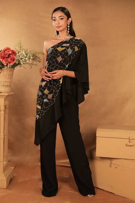 Buy_Nayantara Couture_Black Silk Asymmetric Embroidered One Shoulder Tunic_Online_at_Aza_Fashions