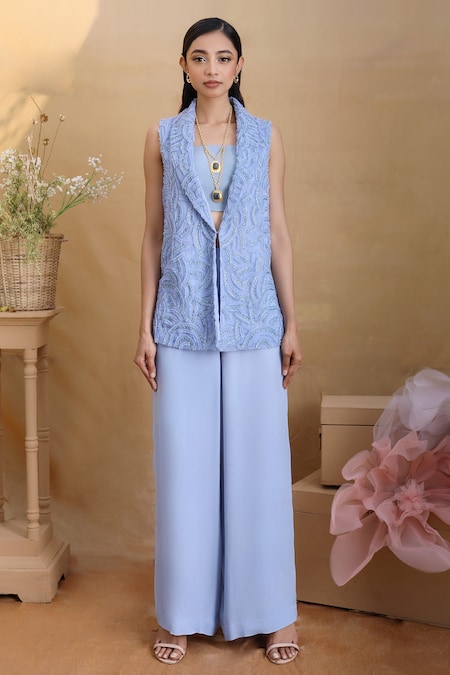 Nayantara Couture Blue Nylon Shawl Lapel Embroidered Blazer And Pant Set 