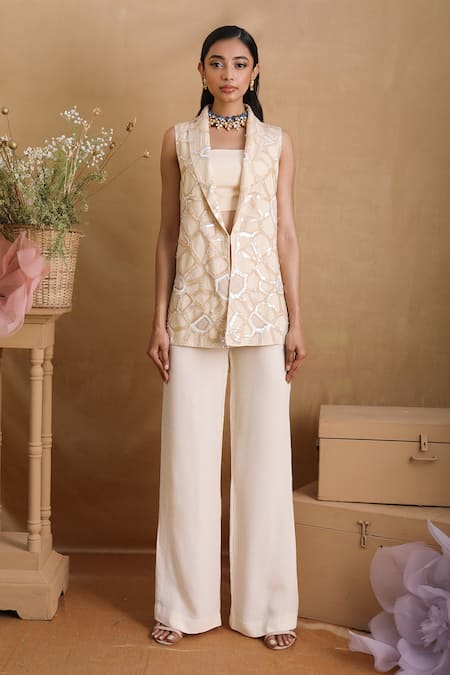 Nayantara Couture Beige Nylon Shawl Lapel Embroidered Blazer And Pant Set 
