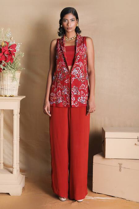 Nayantara Couture Red Nylon Shawl Lapel Embroidered Blazer And Pant Set 