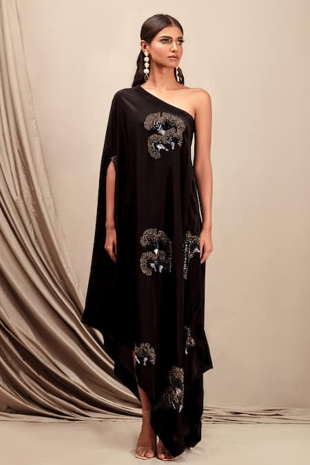 Shop_Nayantara Couture_Black 100% Silk One Shoulder Embroidered Dress_at_Aza_Fashions