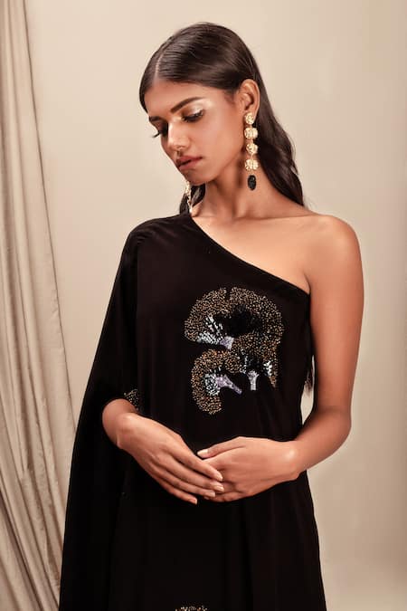 Nayantara Couture_Black 100% Silk One Shoulder Embroidered Dress_Online_at_Aza_Fashions