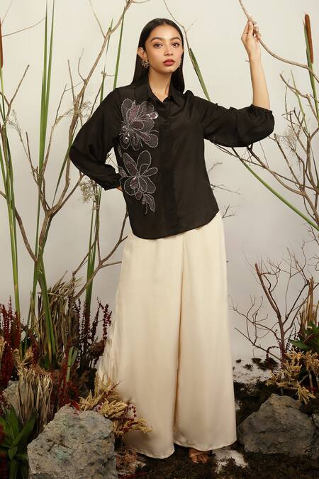 Nayantara Couture_Black Silk Crepe Shirt Collar Embroidered _Online_at_Aza_Fashions