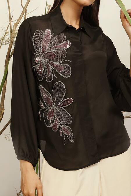 Buy_Nayantara Couture_Black Silk Crepe Shirt Collar Embroidered _Online_at_Aza_Fashions