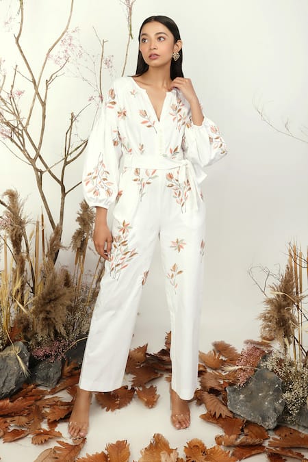 Buy White Cotton Twill Embroidery V Neck Jumpsuit For Women by
