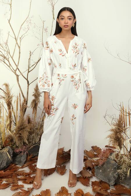 Nayantara Couture_White Cotton Twill Embroidery V Neck Jumpsuit_Online_at_Aza_Fashions
