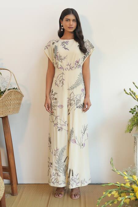 Nayantara Couture_Beige Polyester Georgette Embroidered Floral Round Myra Jumpsuit_Online_at_Aza_Fashions