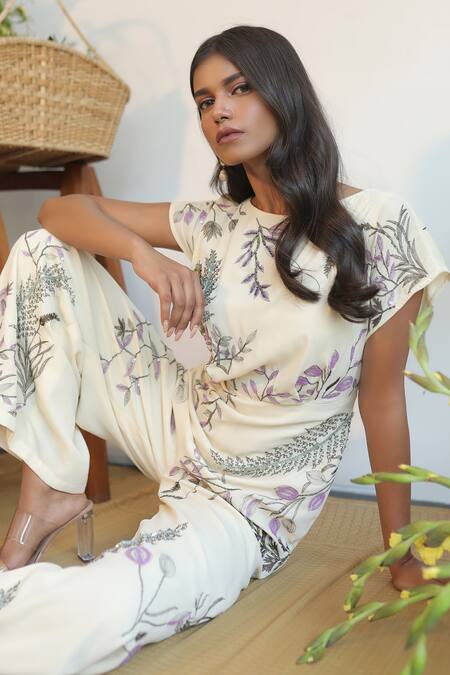 Shop_Nayantara Couture_Beige Polyester Georgette Embroidered Floral Round Myra Jumpsuit_Online_at_Aza_Fashions