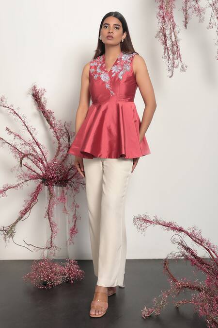 Buy Nayantara Couture Red Dupion Embroidered Floral V Neck Bella Peplum Top Online at Aza Fashions Buy_Nayantara Couture_Red Dupion Embroidered Floral V Neck Bella Peplum Top_Online_at_Aza_Fashions