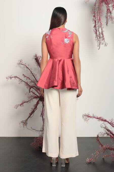 Shop Nayantara Couture Red Dupion Embroidered Floral V Neck Bella Peplum Top at Aza Fashions Shop_Nayantara Couture_Red Dupion Embroidered Floral V Neck Bella Peplum Top_at_Aza_Fashions