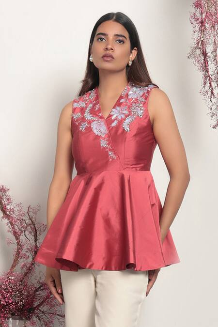 Nayantara Couture Red Dupion Embroidered Floral V Neck Bella Peplum Top
